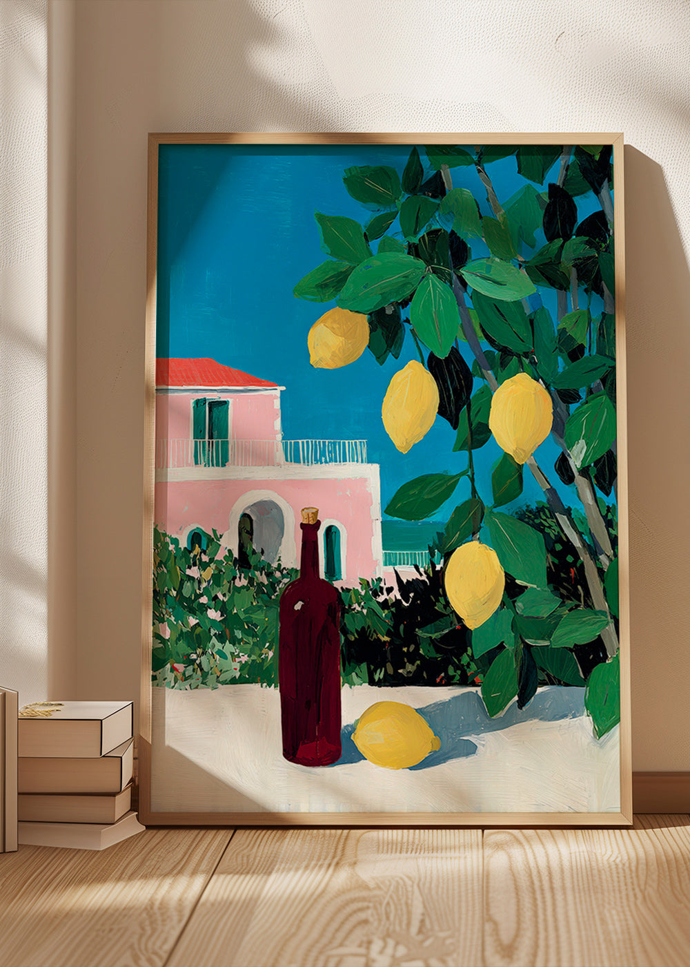 Kitchen art with lemons and bottle