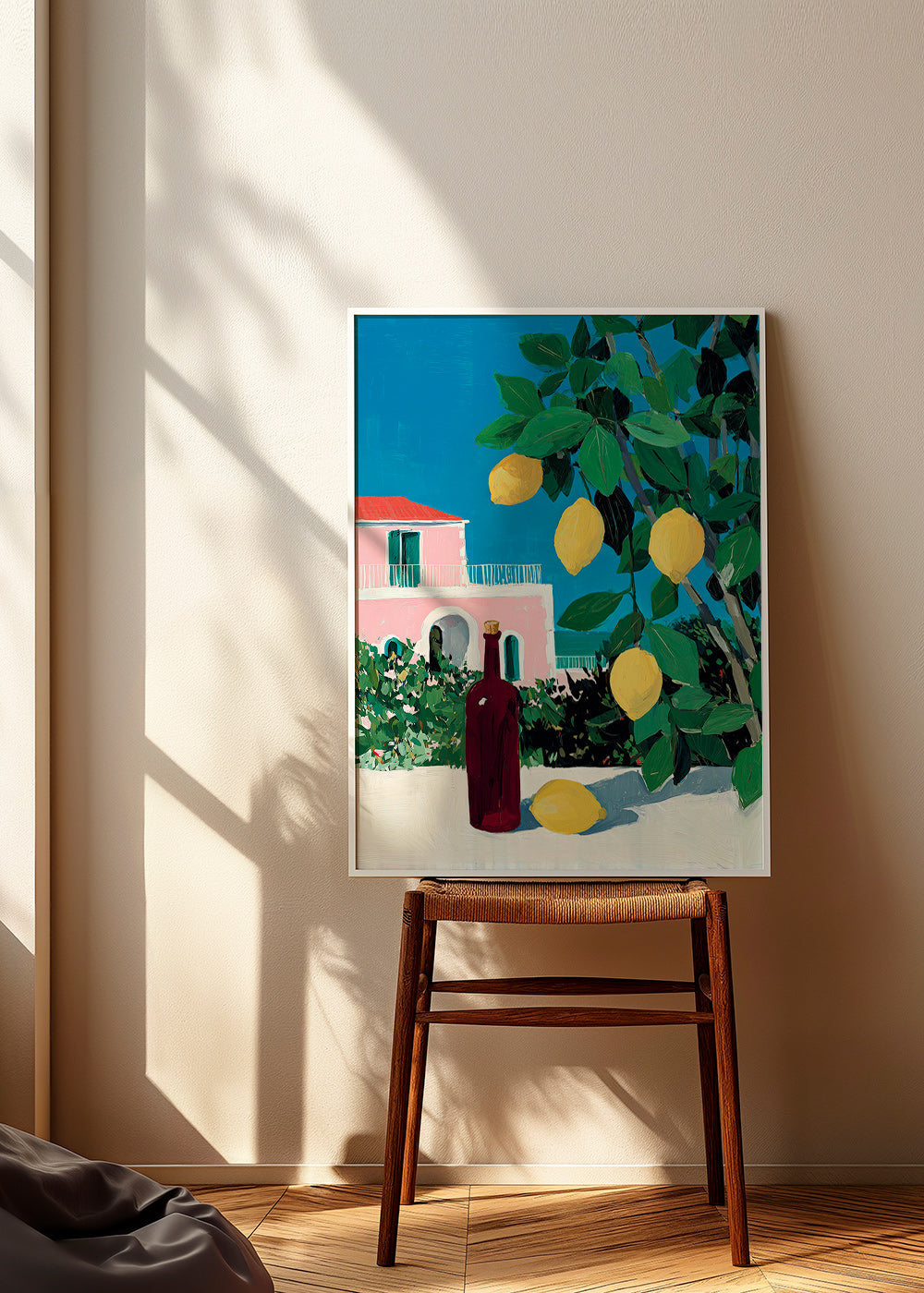 Kitchen art with lemons and bottle
