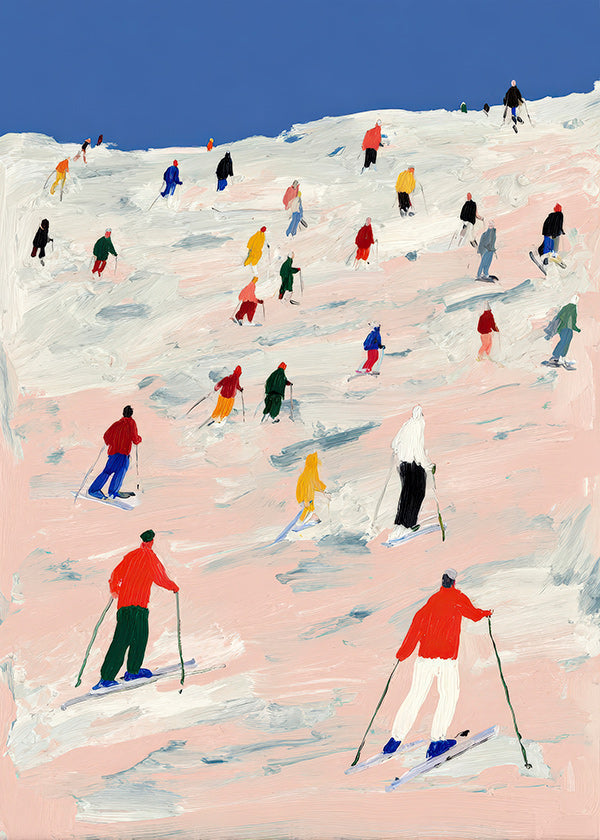 Ski sports artwork on colorful slope