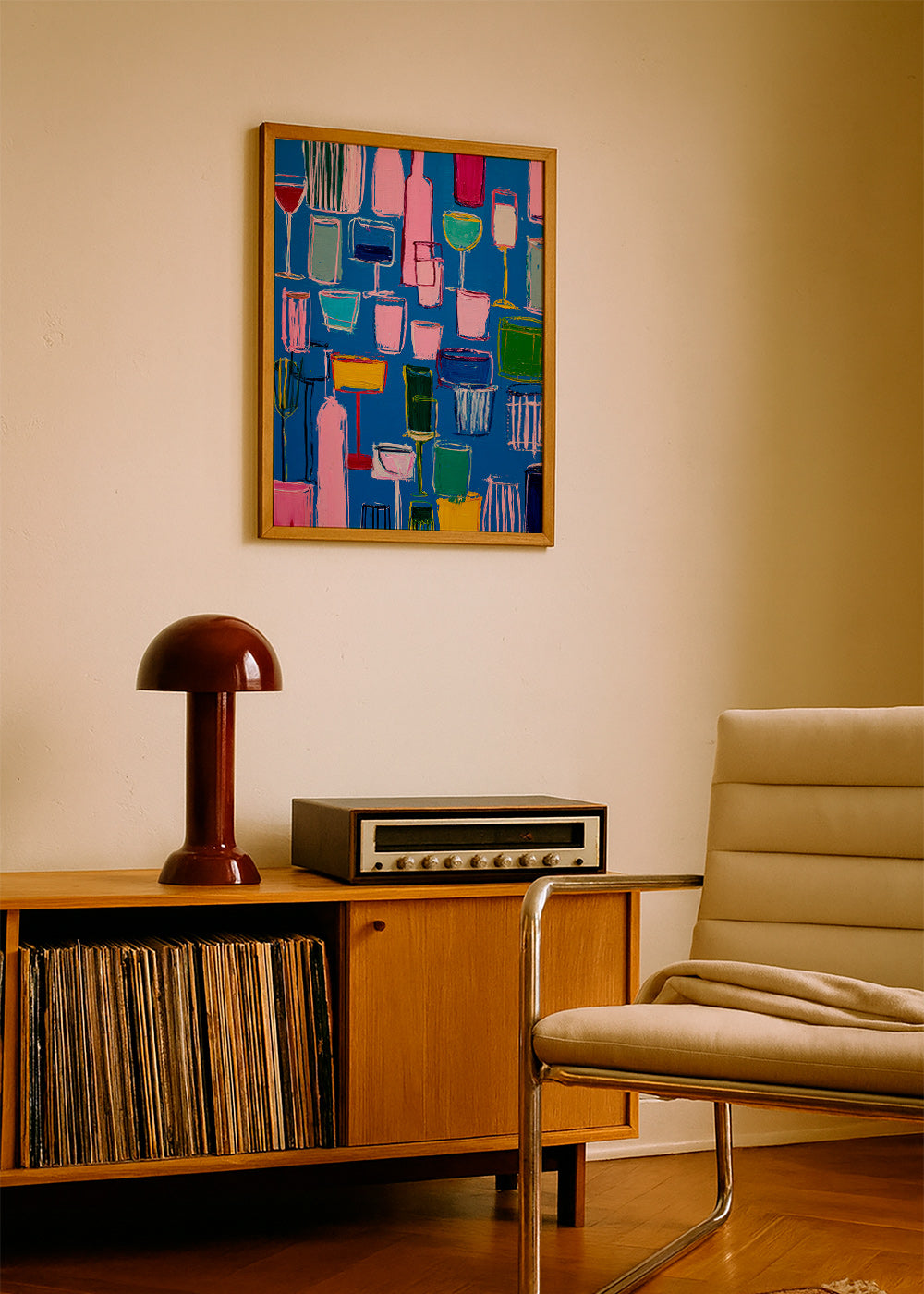 Kitchen art: colorful cocktails on blue background