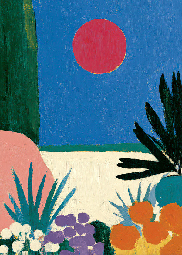 Botanical print with red moon and stylized garden