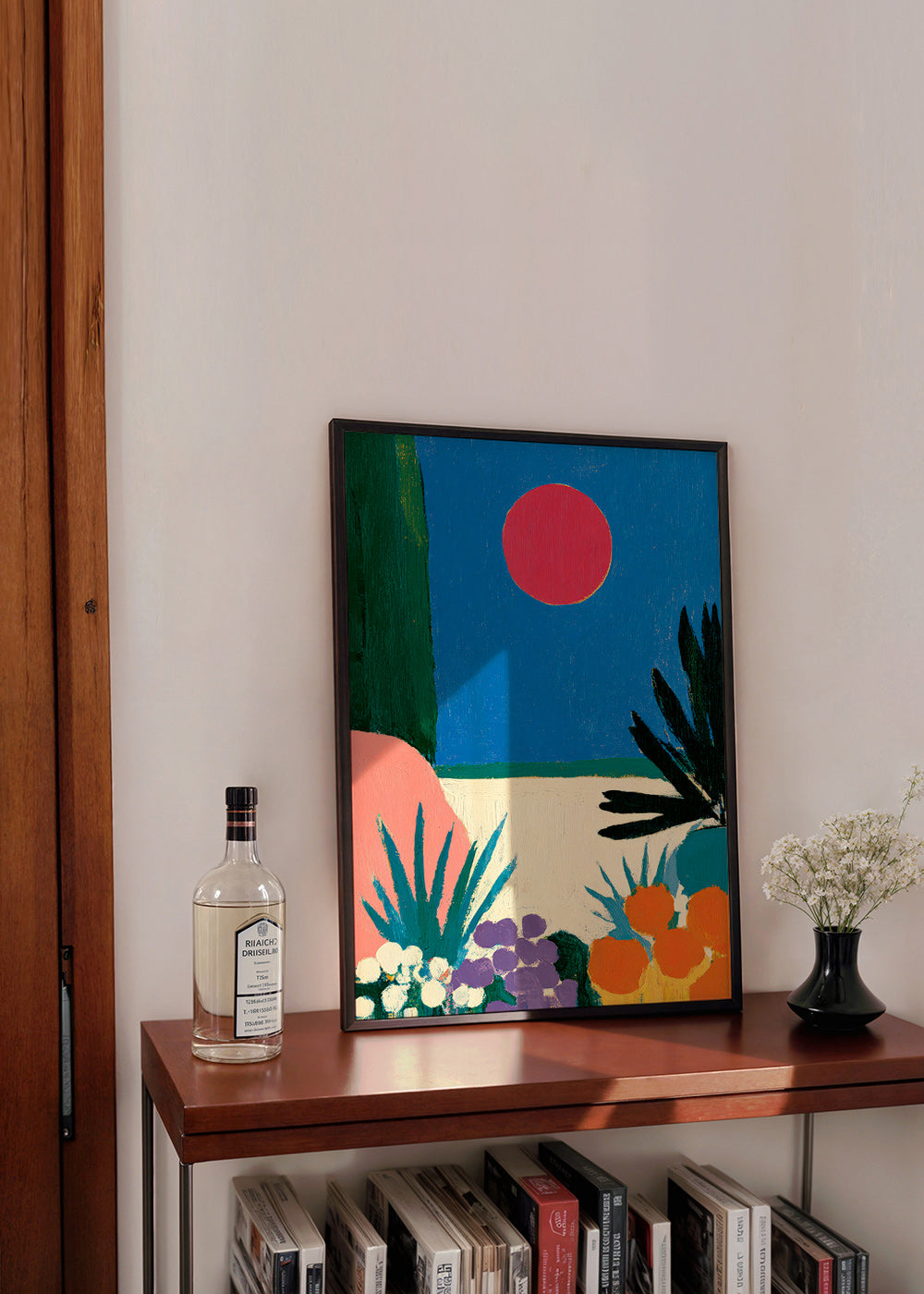 Botanical print with red moon and stylized garden