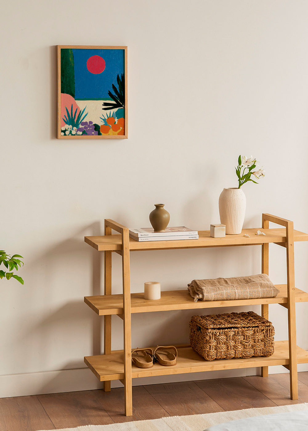 Botanical print with red moon and stylized garden