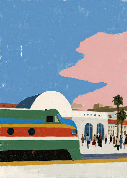 Train station artwork with colorful carriage