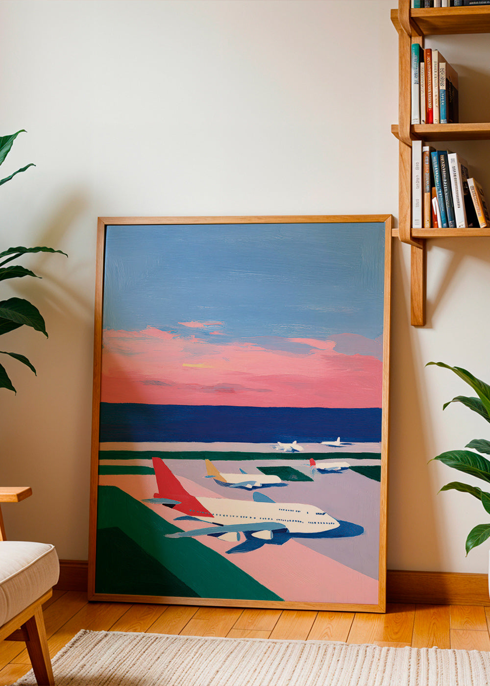 Travel poster: sunset runway scene