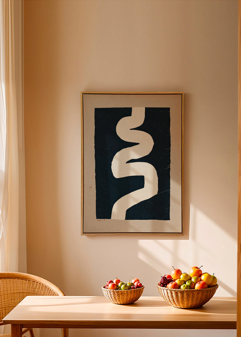 Minimalist print with a white curve on a dark panel