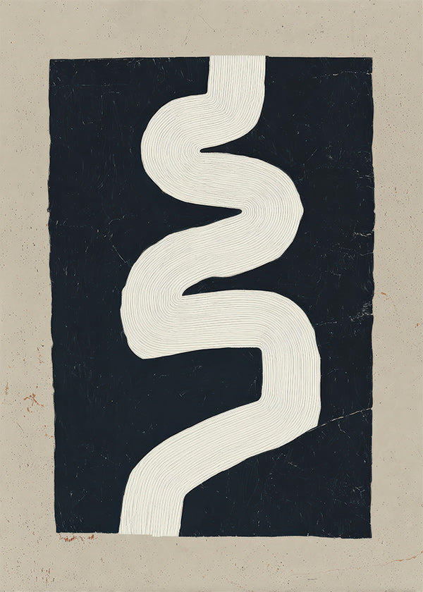 Minimalist print with a white curve on a dark panel