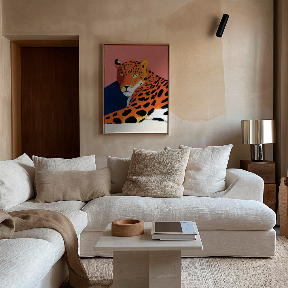 Artwork: Resting leopard on pink background