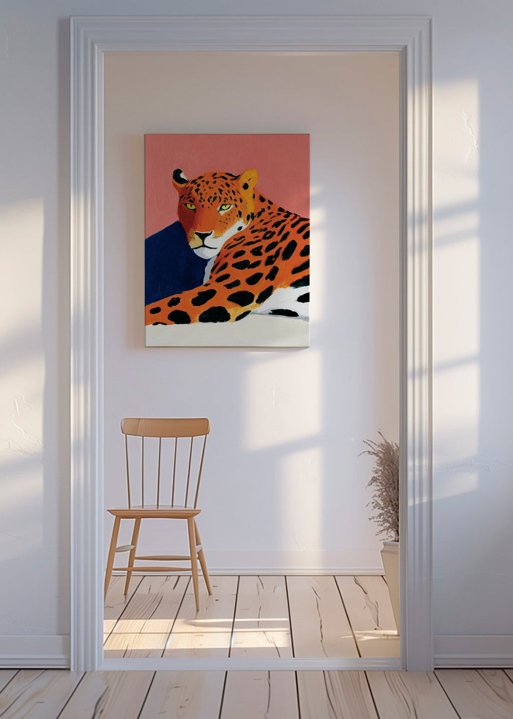 Artwork: Resting leopard on pink background
