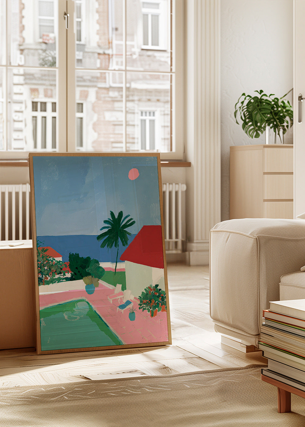 Landscape art: poolside palm and red-roof house