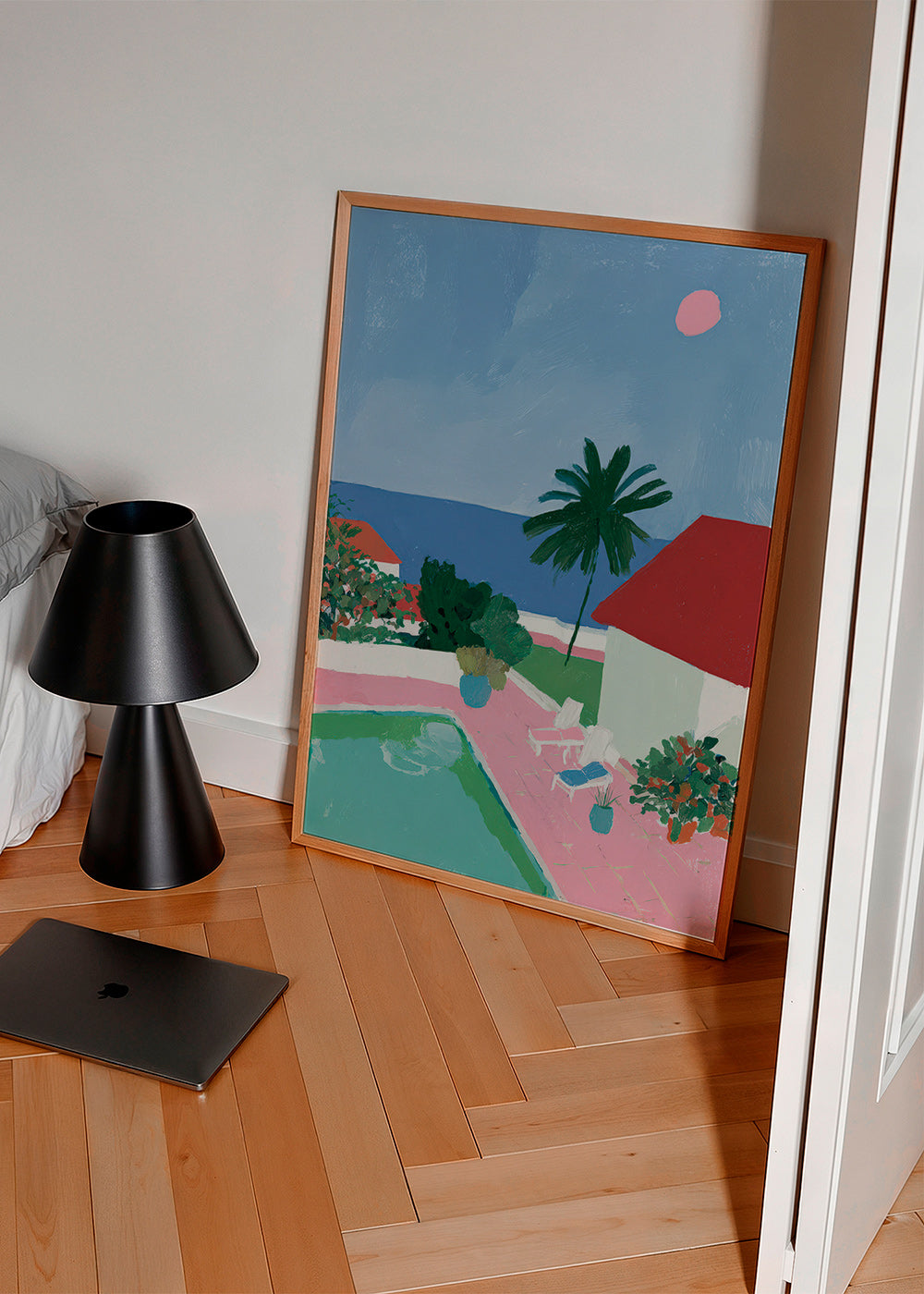 Landscape art: poolside palm and red-roof house