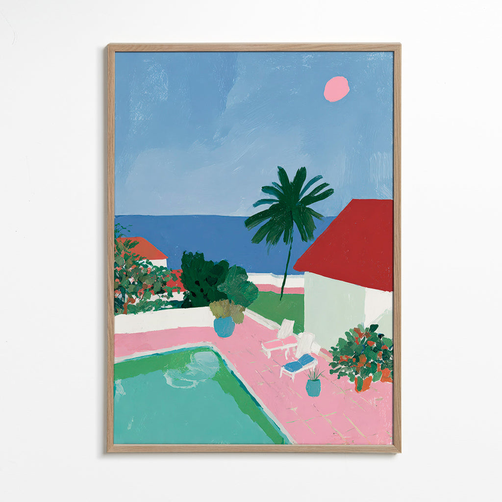 Landscape art: poolside palm and red-roof house