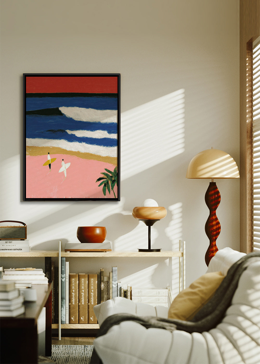 Landscape art with surfers and pink sand