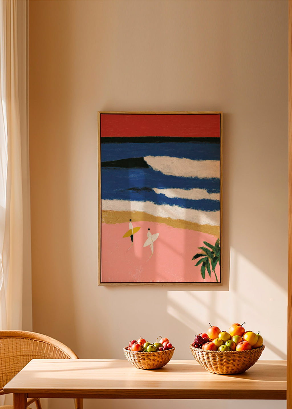 Landscape art with surfers and pink sand