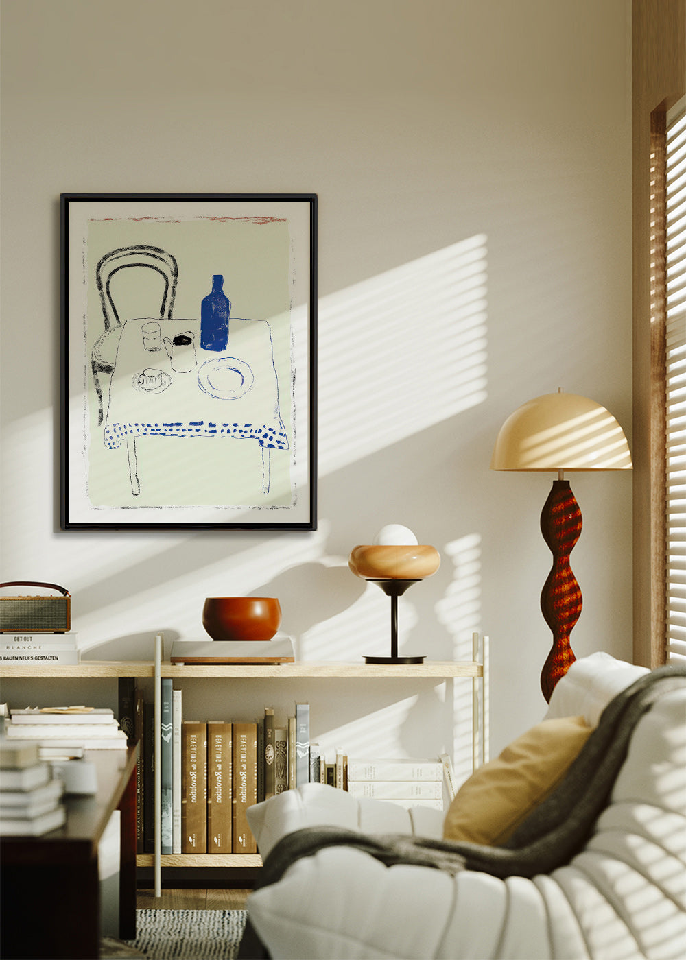 Kitchen art: blue bottle and simple tableware