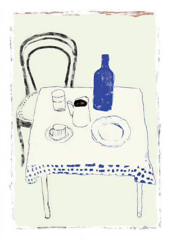 Kitchen art: blue bottle and simple tableware