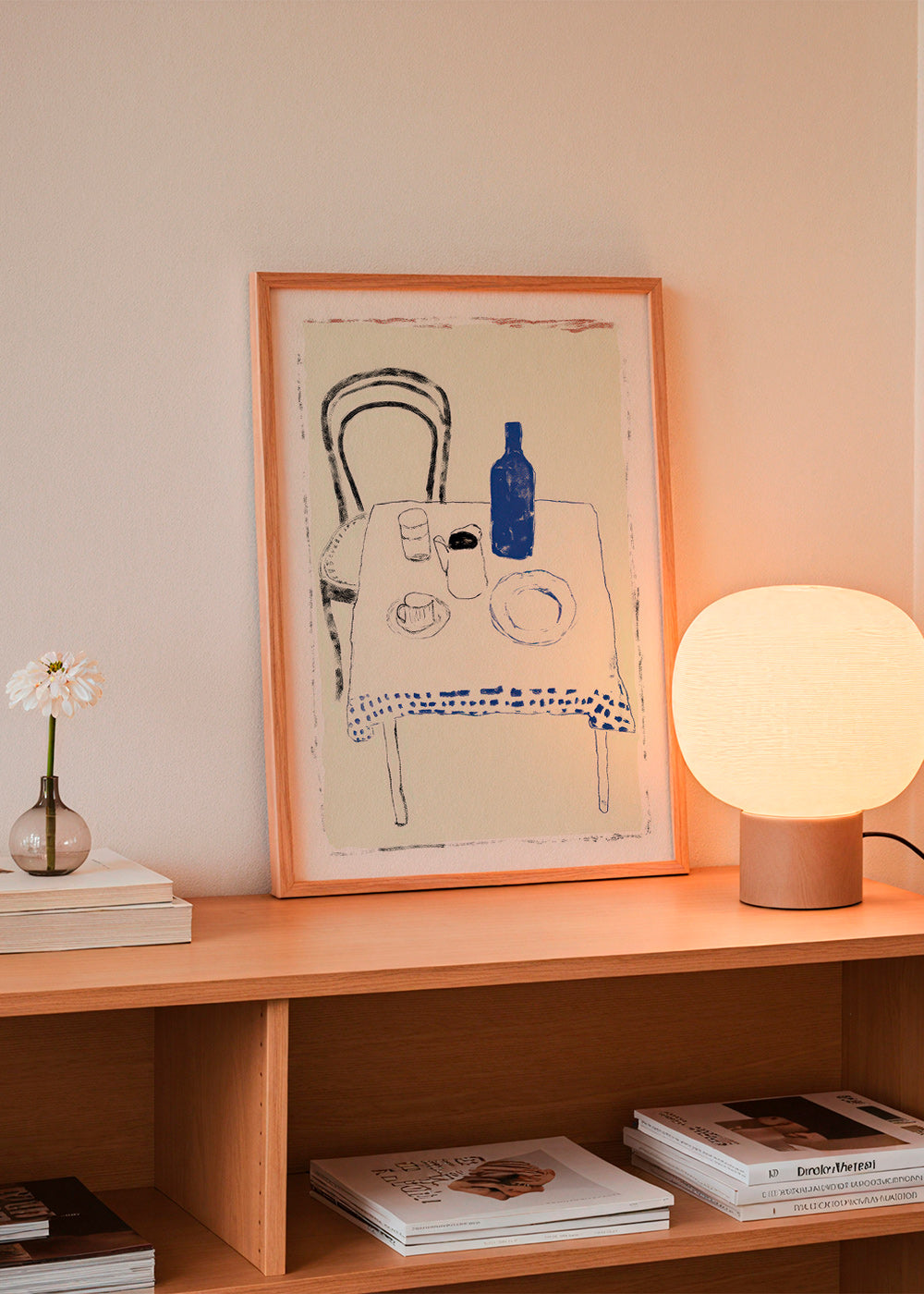 Kitchen art: blue bottle and simple tableware