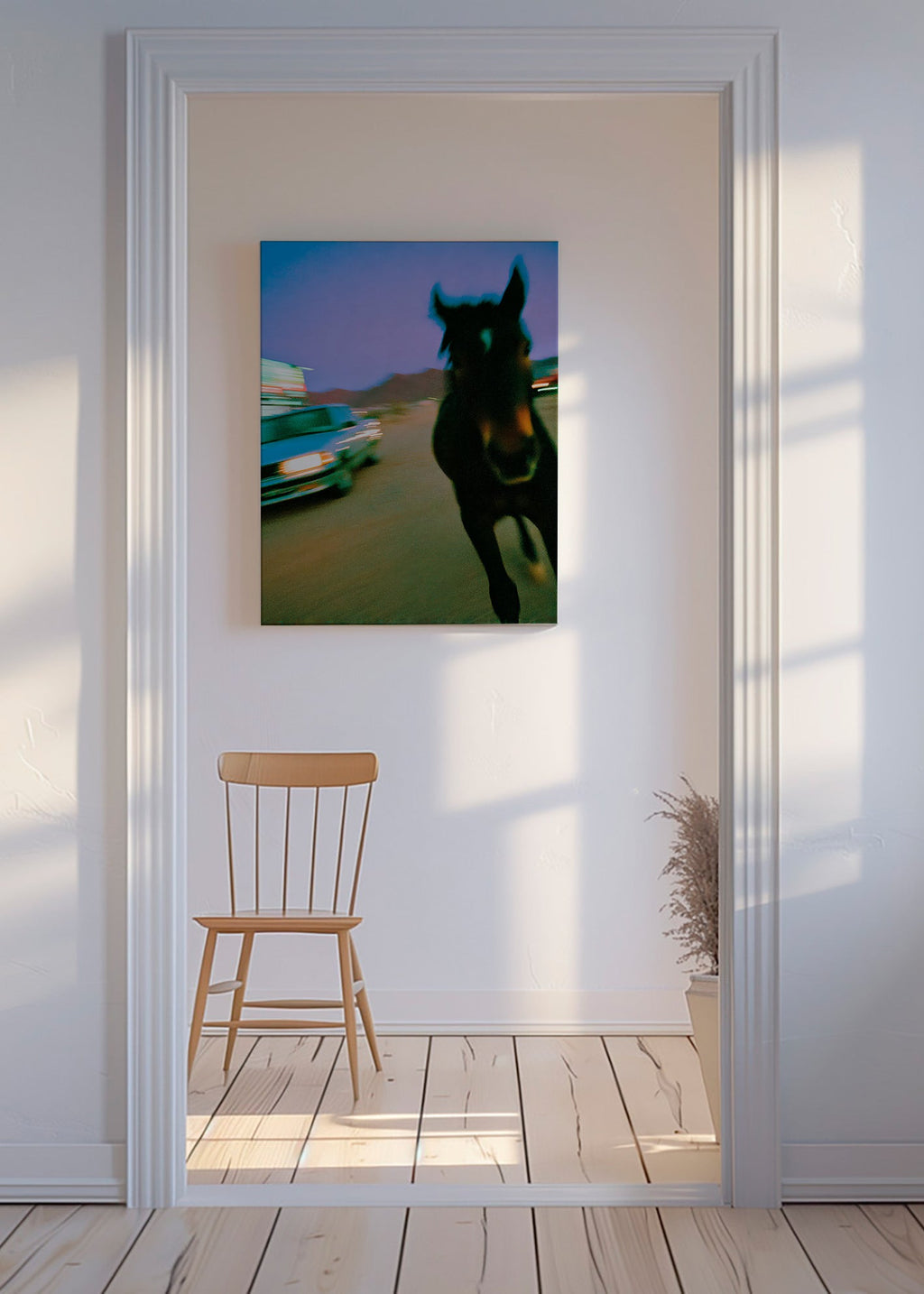 Artwork horse in motion at dusk
