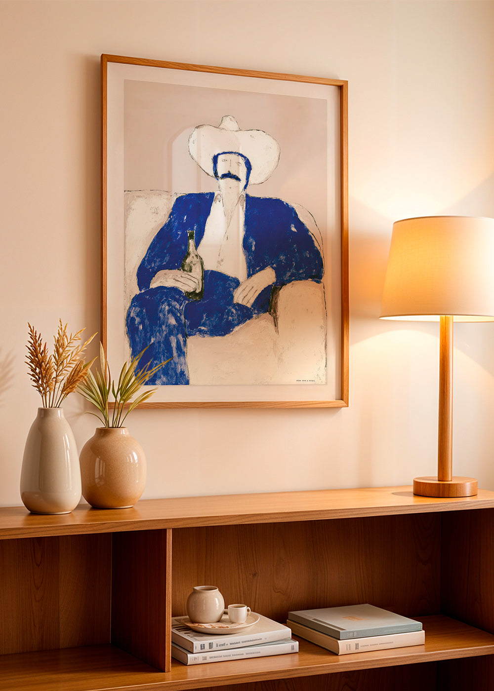 Illustration of seated blue cowboy