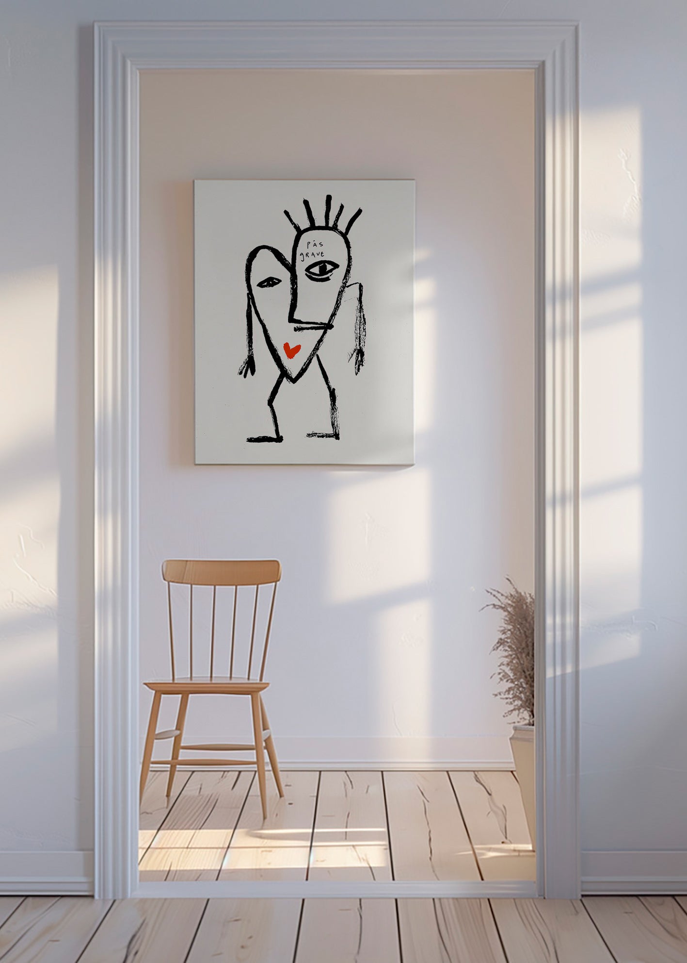 Abstract artwork linear face with red heart