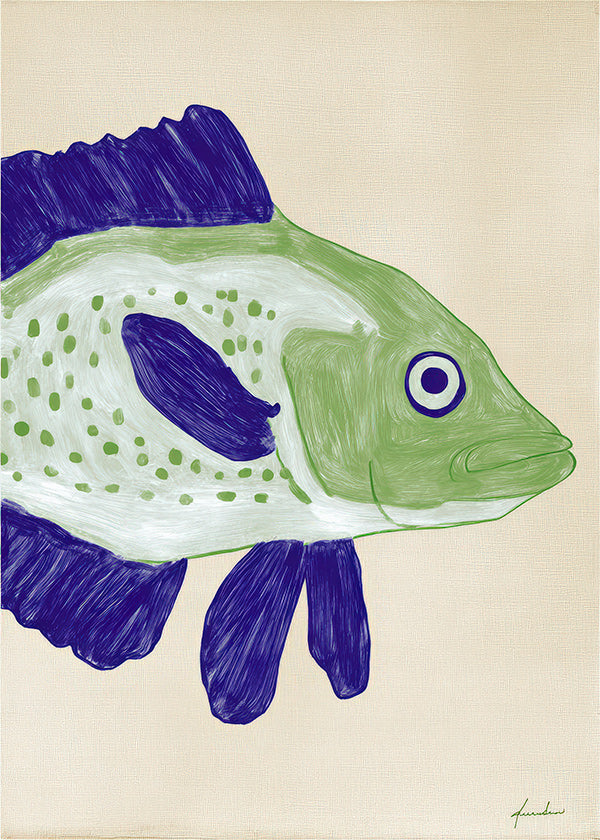 Fish print with green body and blue strokes
