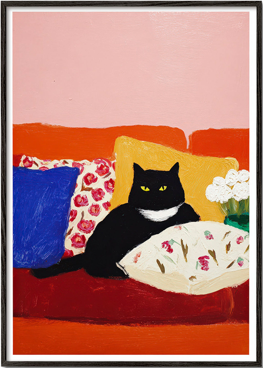 Artwork black cat on colorful sofa