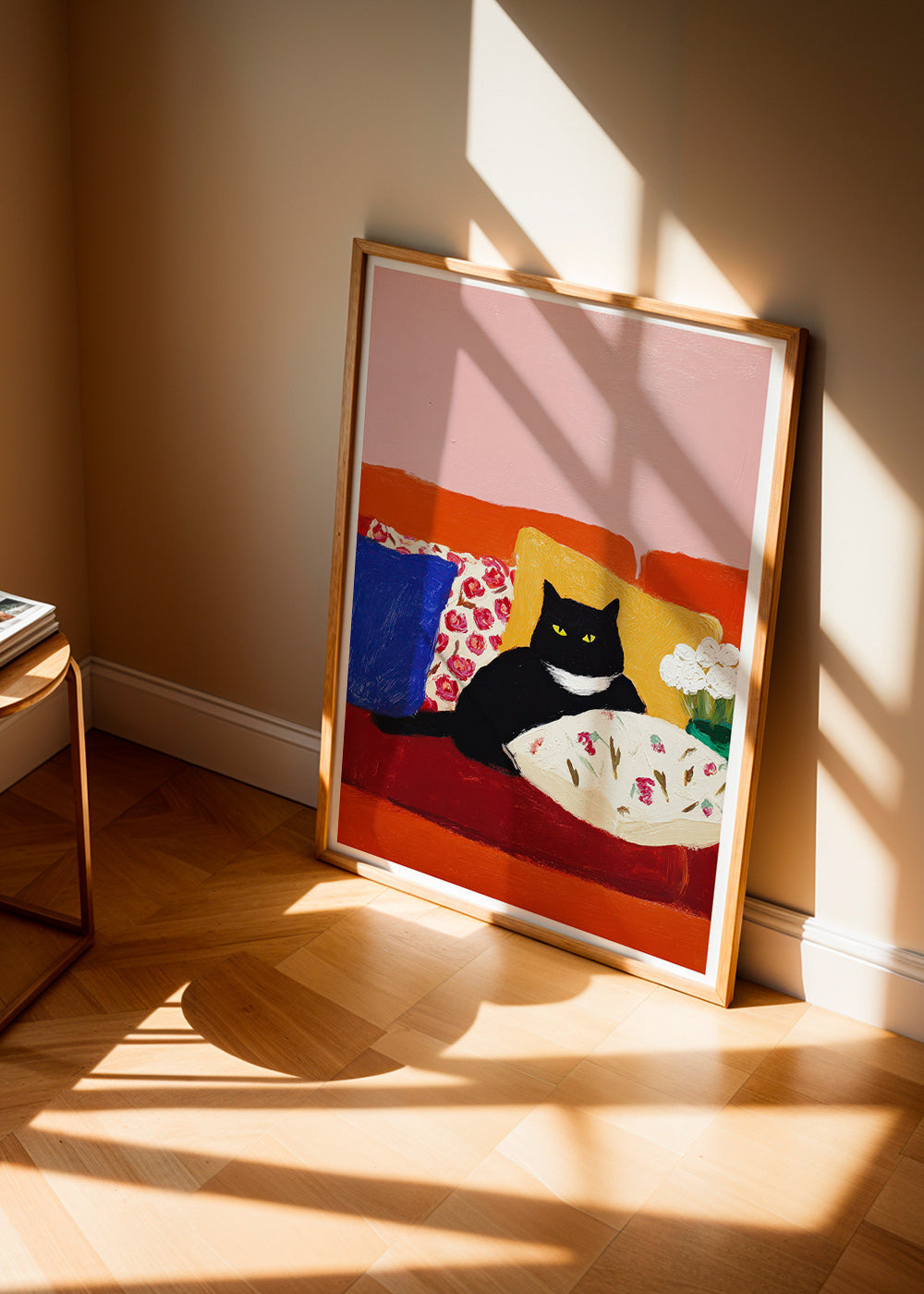 Artwork black cat on colorful sofa