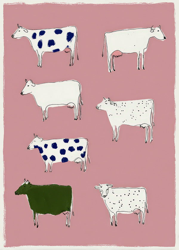 Artwork with playful cows on pink background