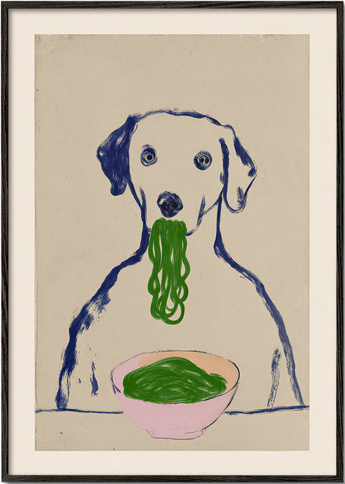Kitchen art: dog with noodles
