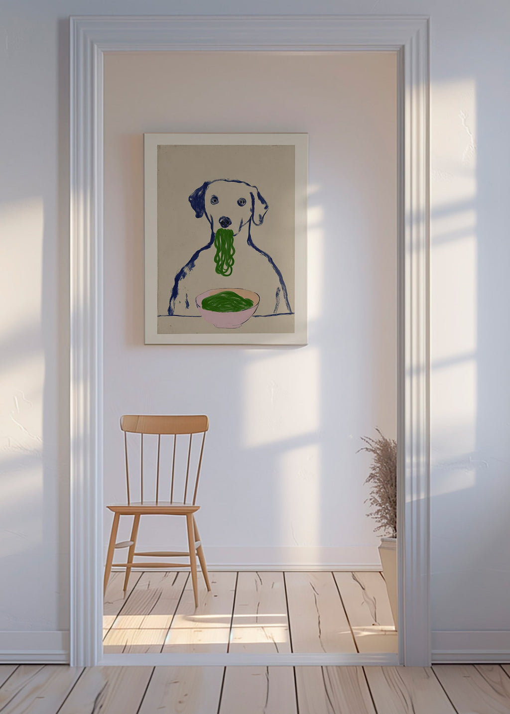 Kitchen art: dog with noodles