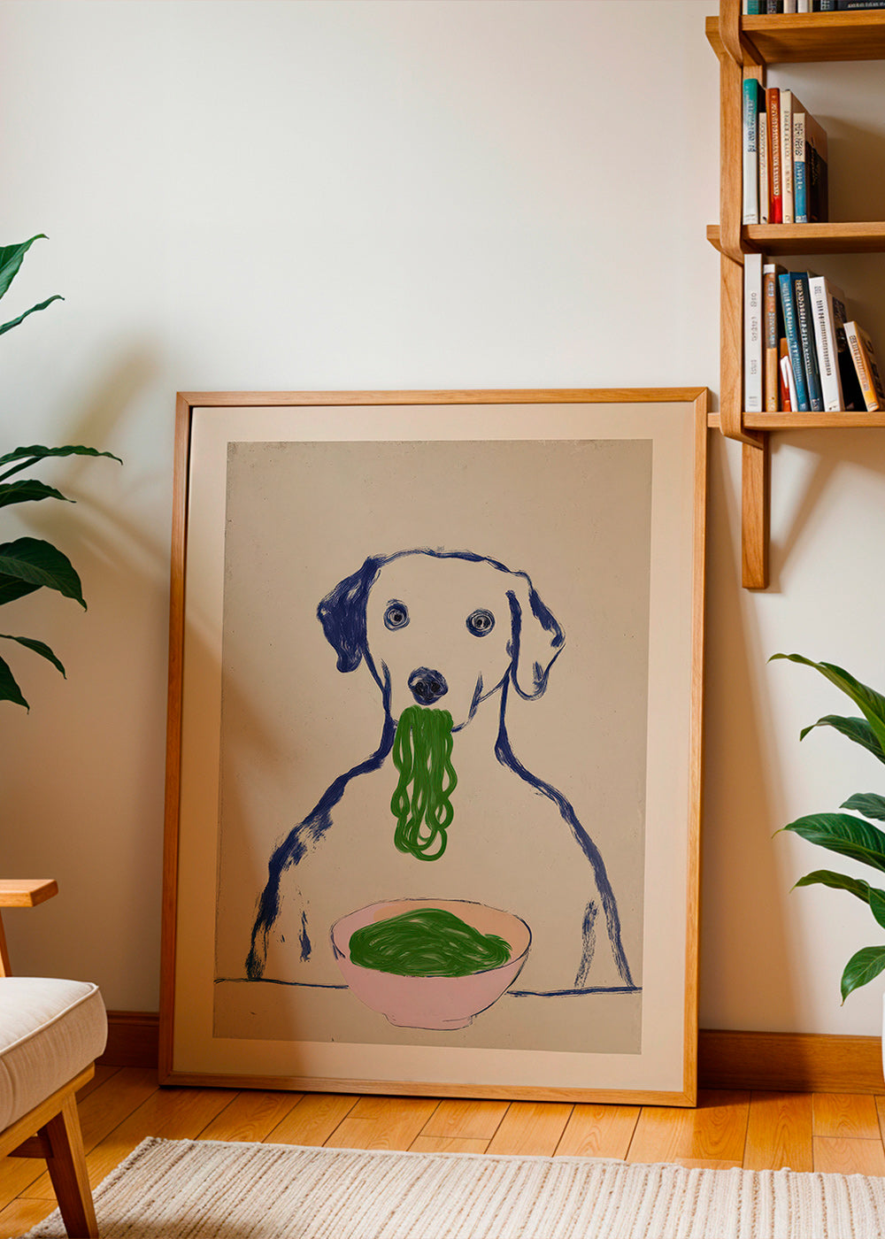 Kitchen art: dog with noodles