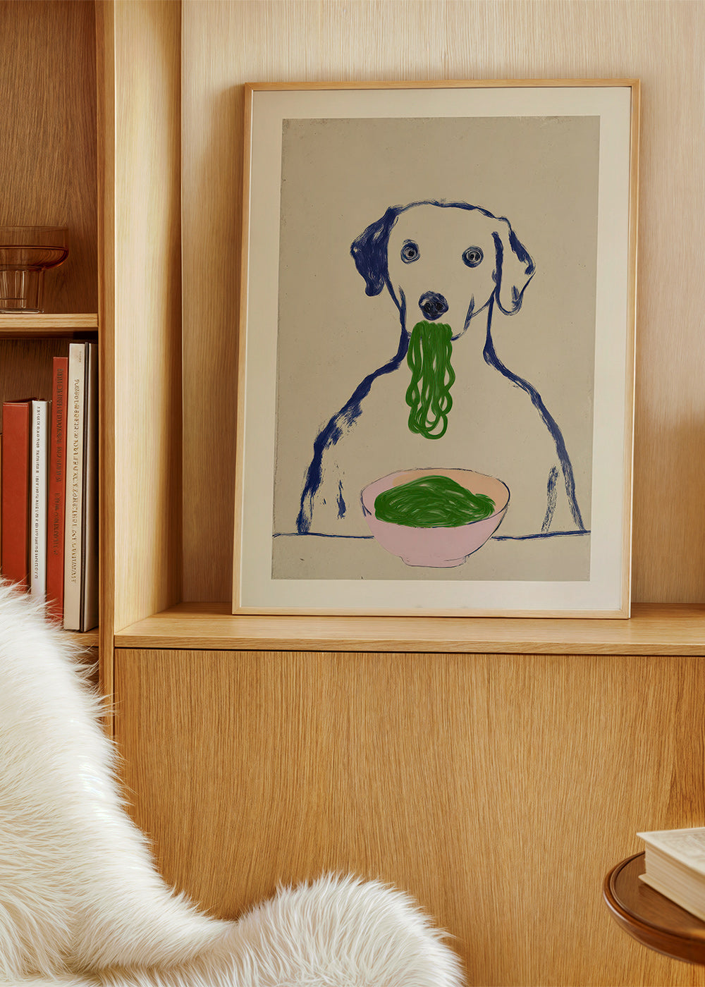 Kitchen art: dog with noodles