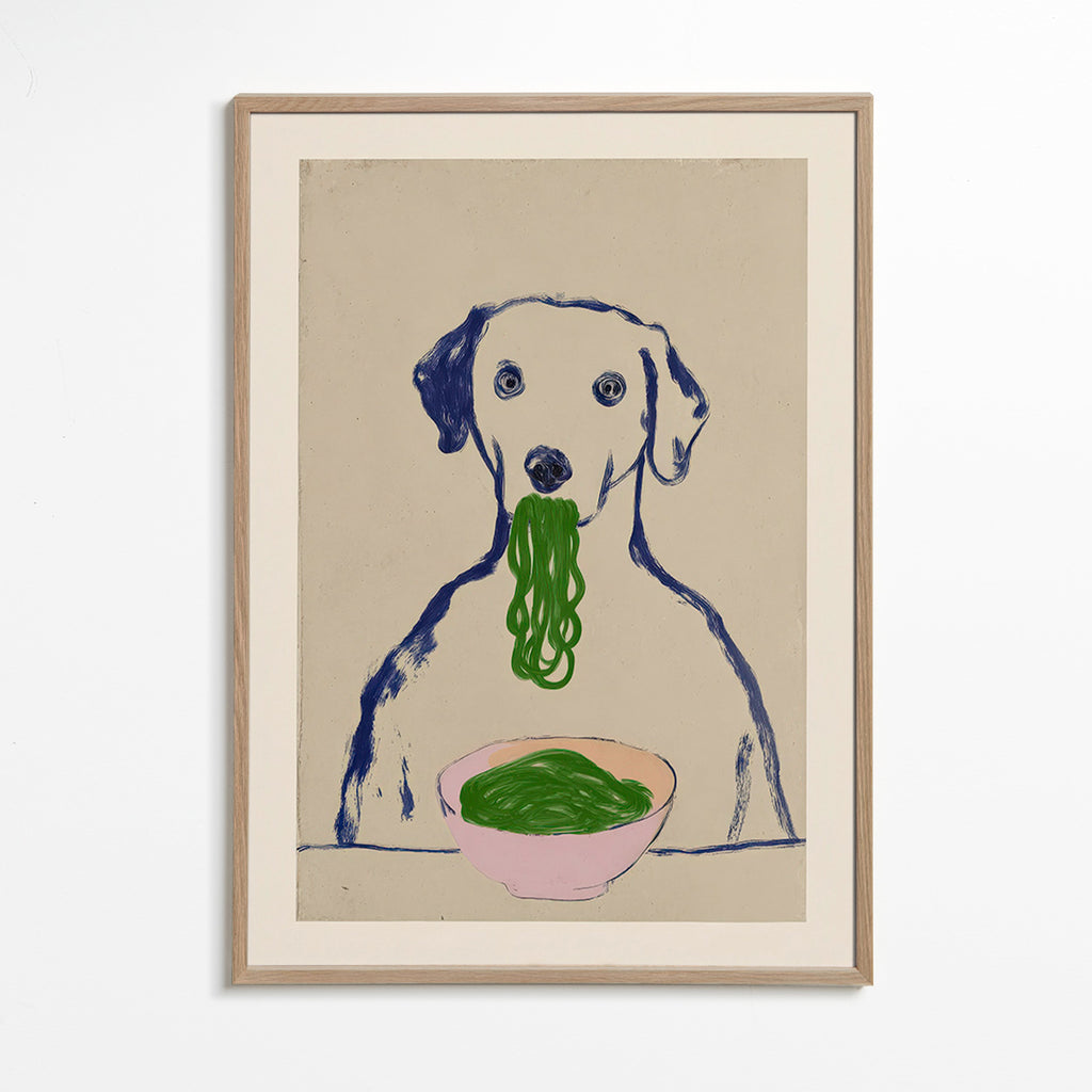 Kitchen art: dog with noodles