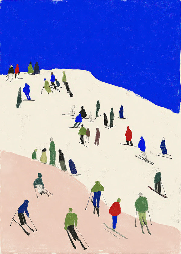 Landscape art: skiers on a blue slope