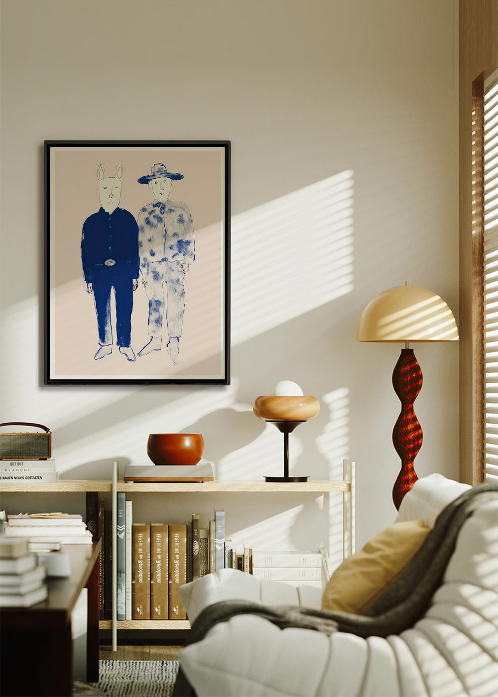Two-figure illustration with rabbit in blue ink