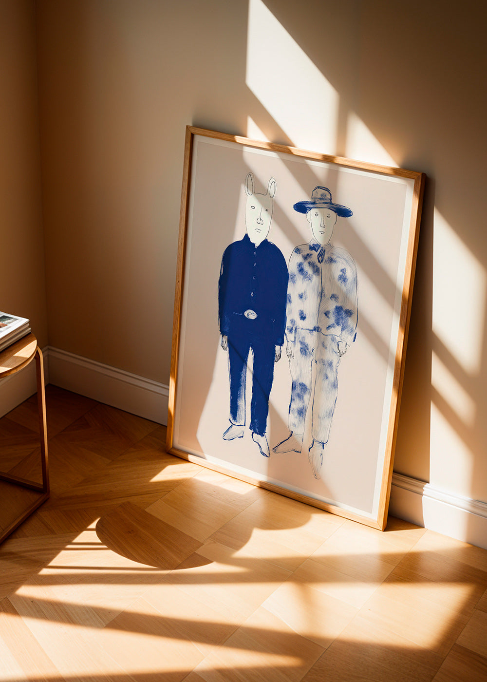 Two-figure illustration with rabbit in blue ink