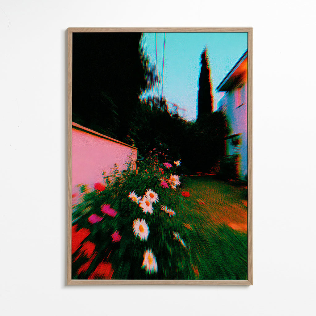 Botanical print: blurred garden with daisies