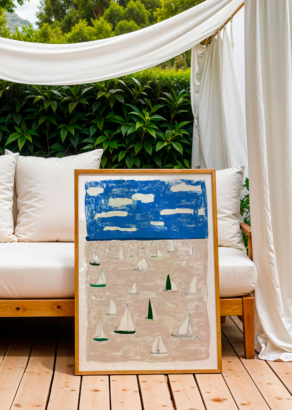 Landscape art with sailboats