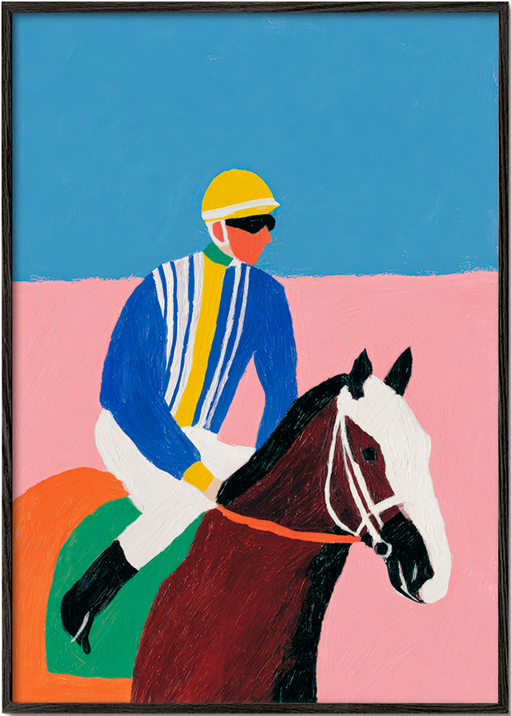 Sports art: jockey and horse in flat colors