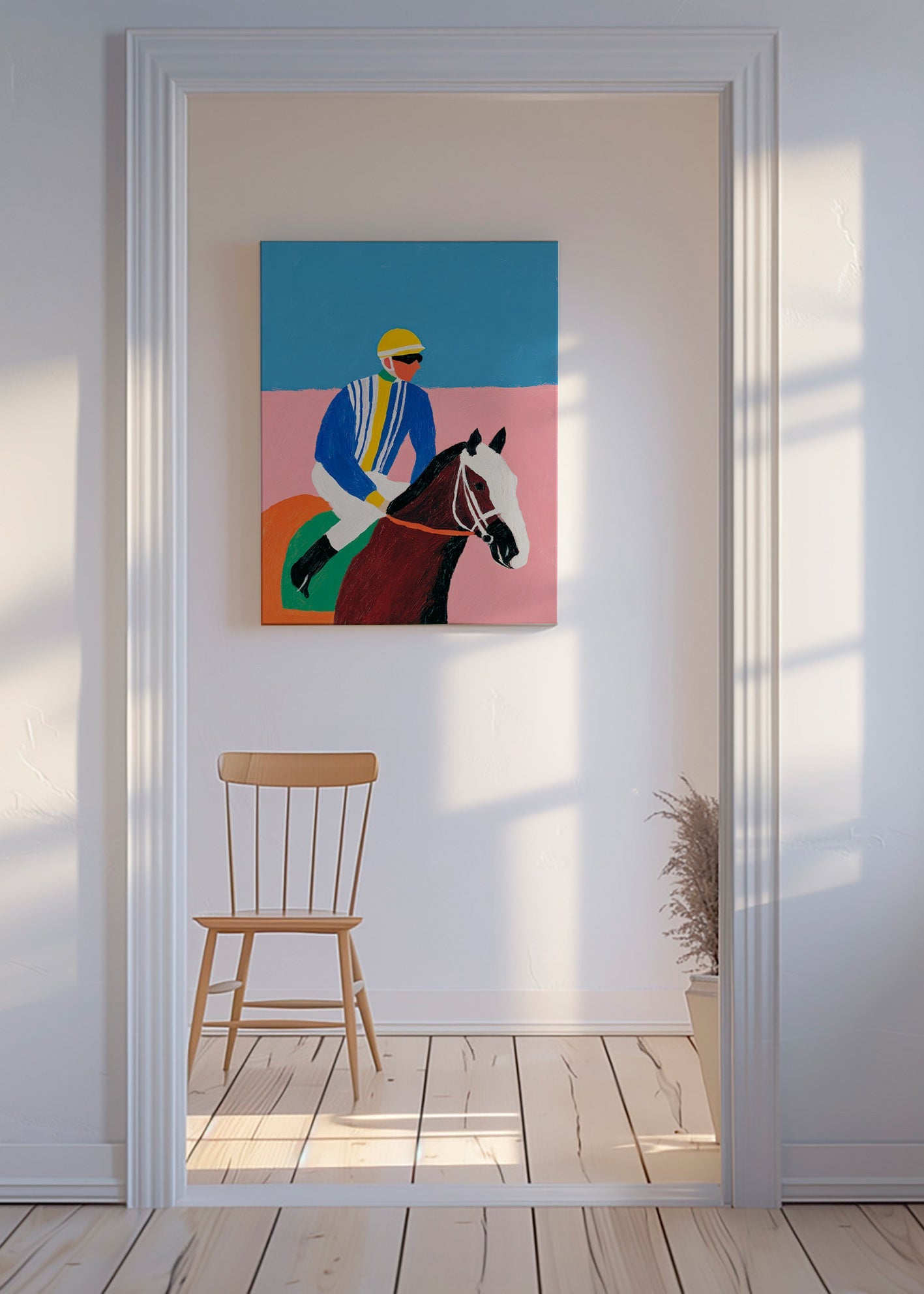 Sports art: jockey and horse in flat colors
