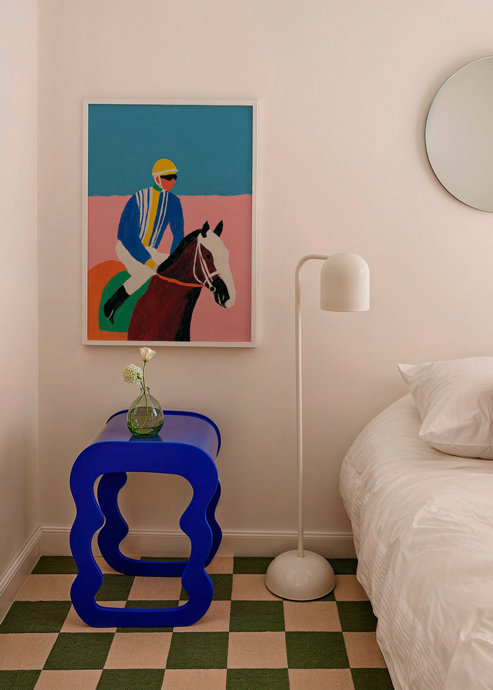 Sports art: jockey and horse in flat colors