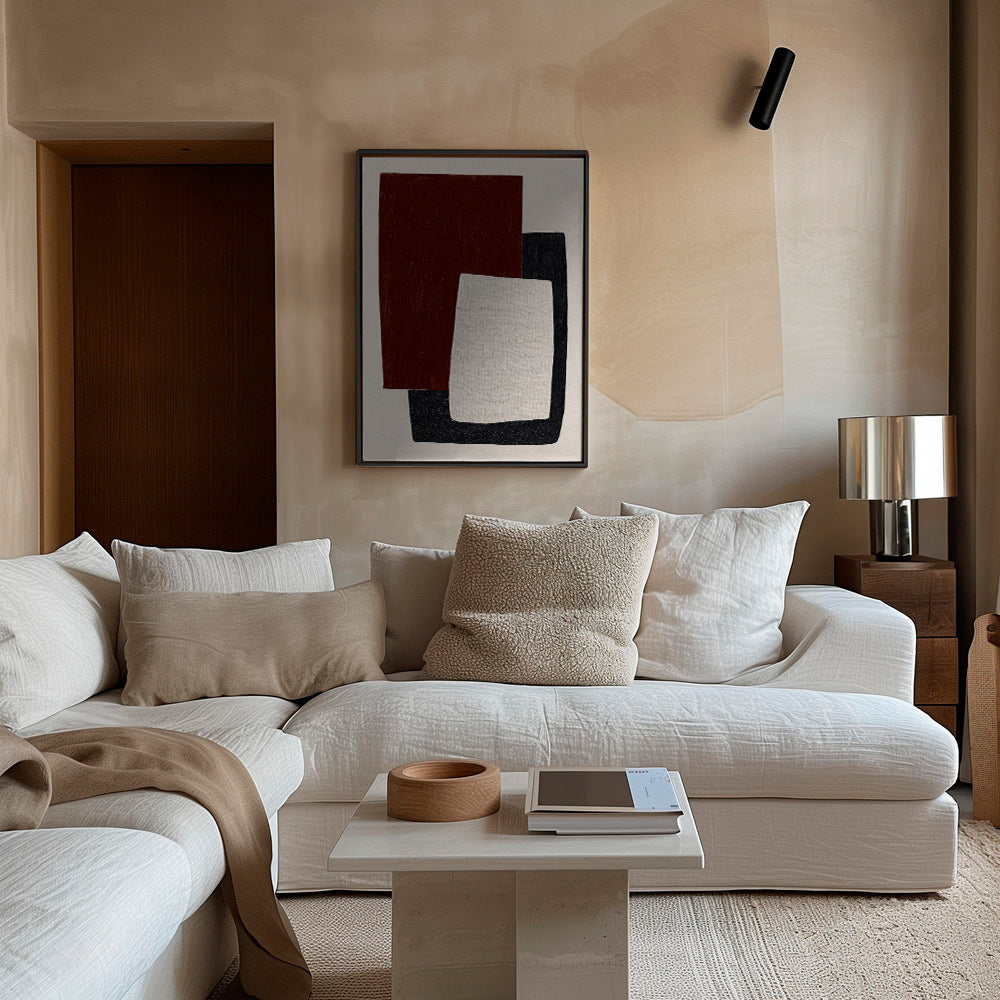 Geometric poster with overlapped burgundy shapes