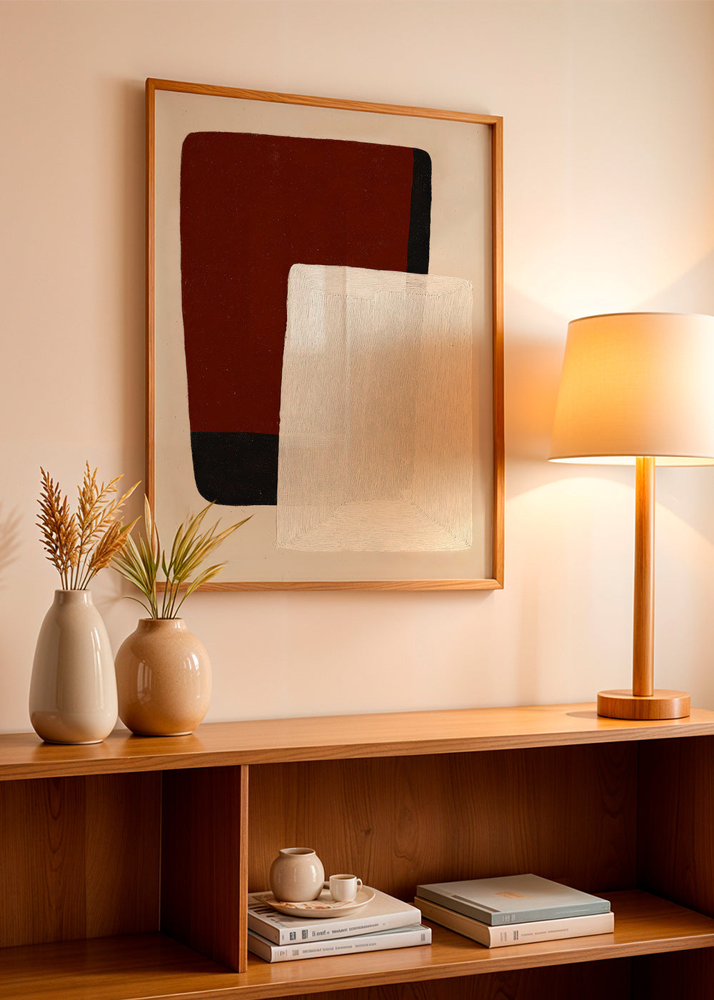 Abstract painting with earth and white blocks
