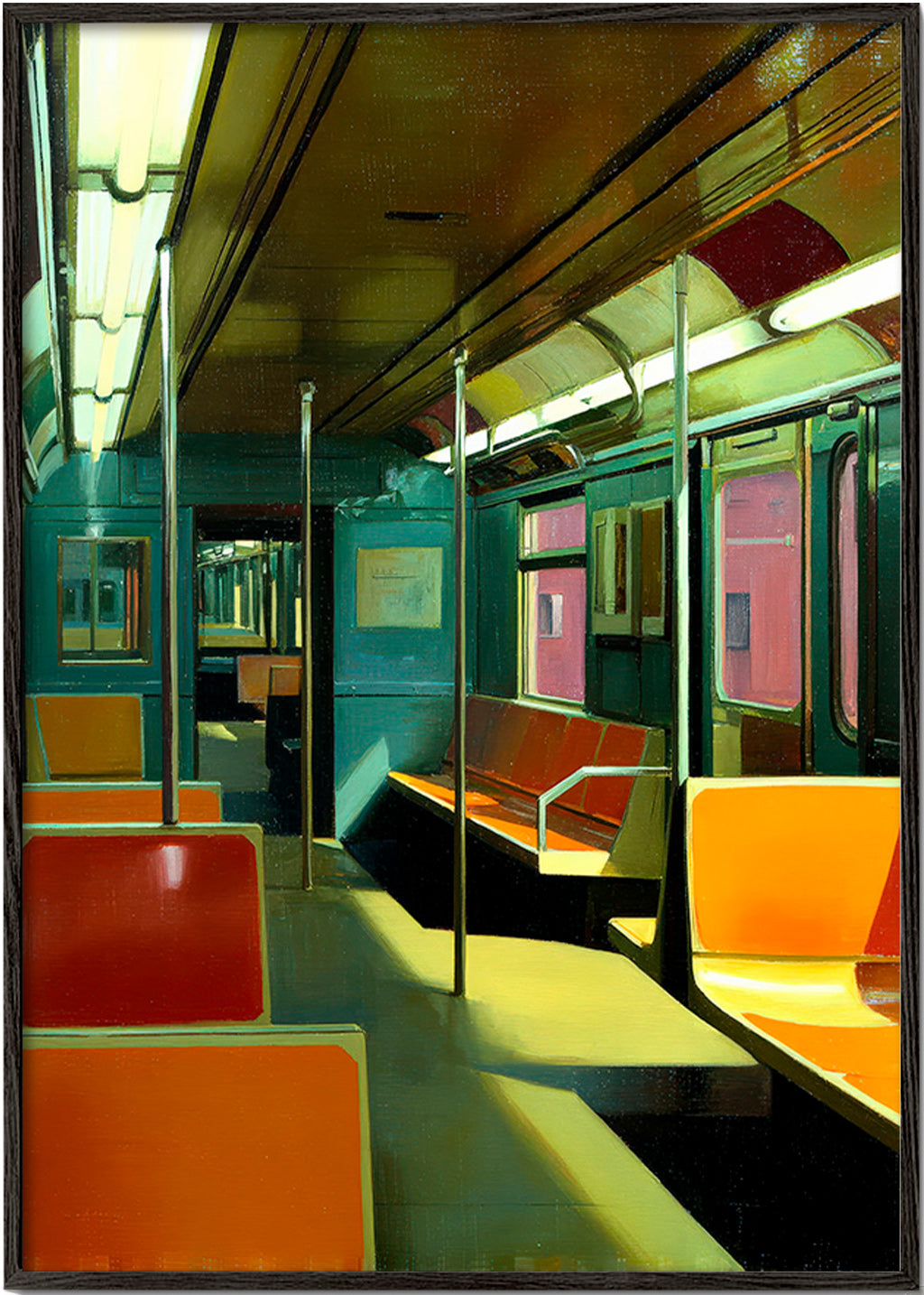 Travel poster: empty subway carriage in warm light