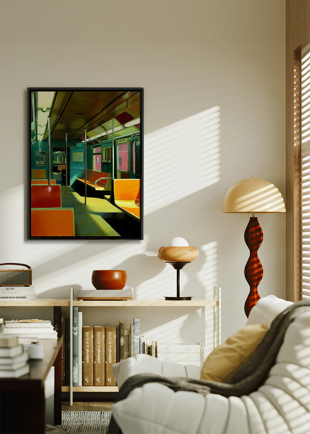 Travel poster: empty subway carriage in warm light