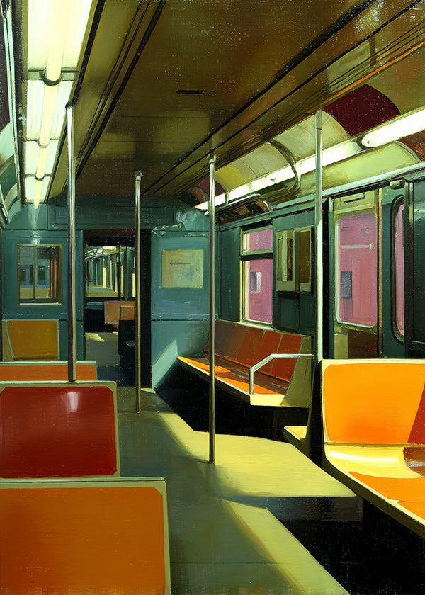 Travel poster: empty subway carriage in warm light