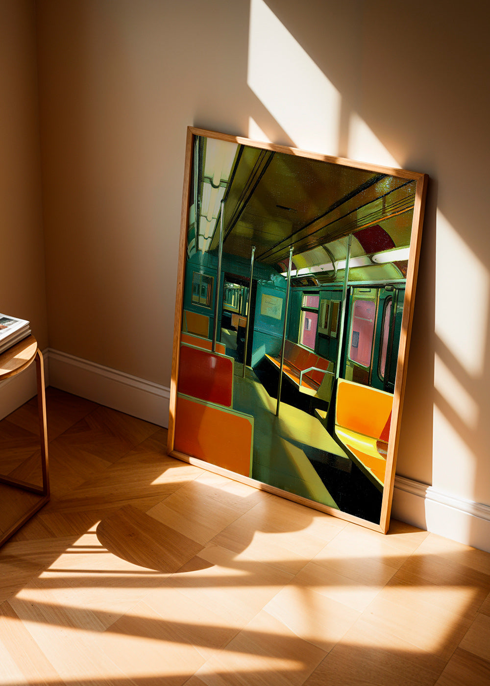 Travel poster: empty subway carriage in warm light