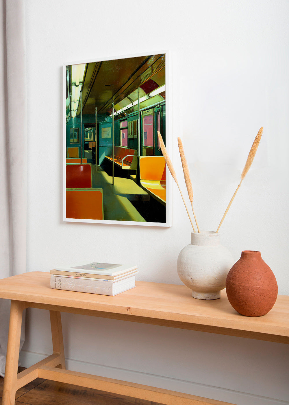Travel poster: empty subway carriage in warm light