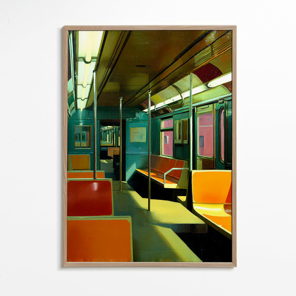 Travel poster: empty subway carriage in warm light
