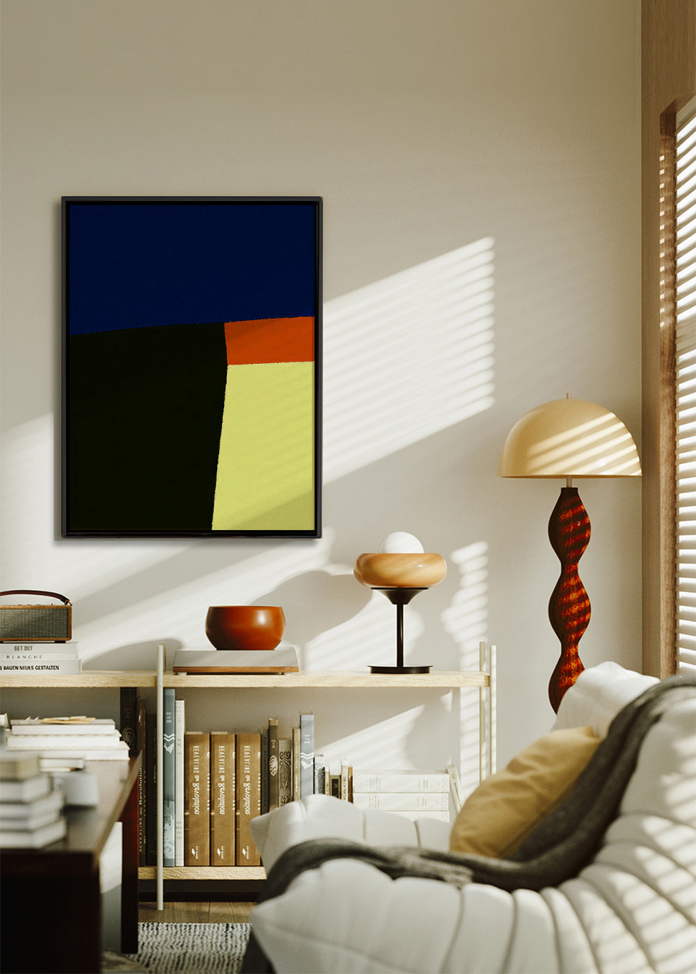 Abstract artwork with bold blue blocks